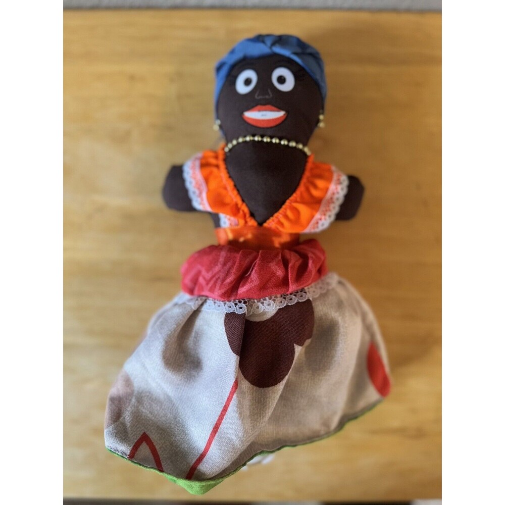 Handmade Jamaican Black Rag Doll With Stitched Face And Jewelry 15" Flip Doll